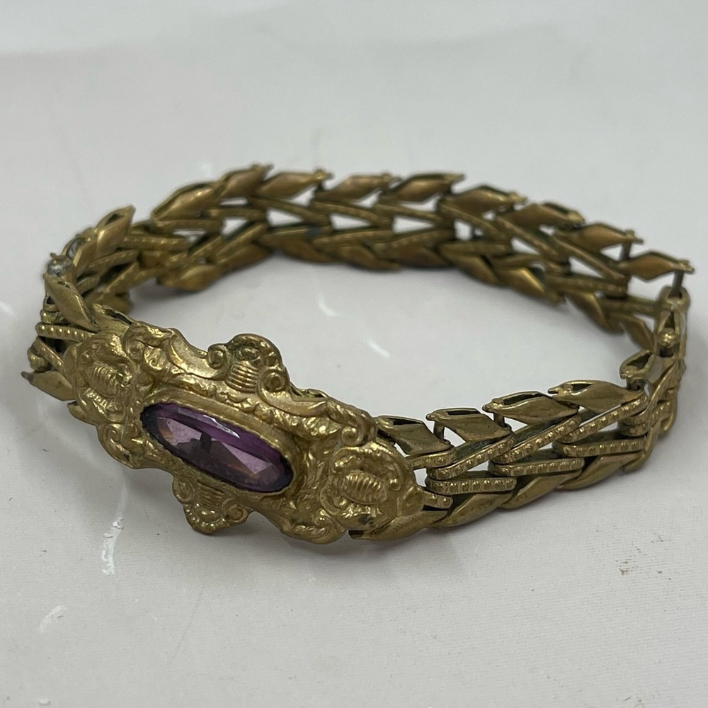 Antique Victorian Edwardian Gold Tone Book Chain Link Bracelet Side Clasp